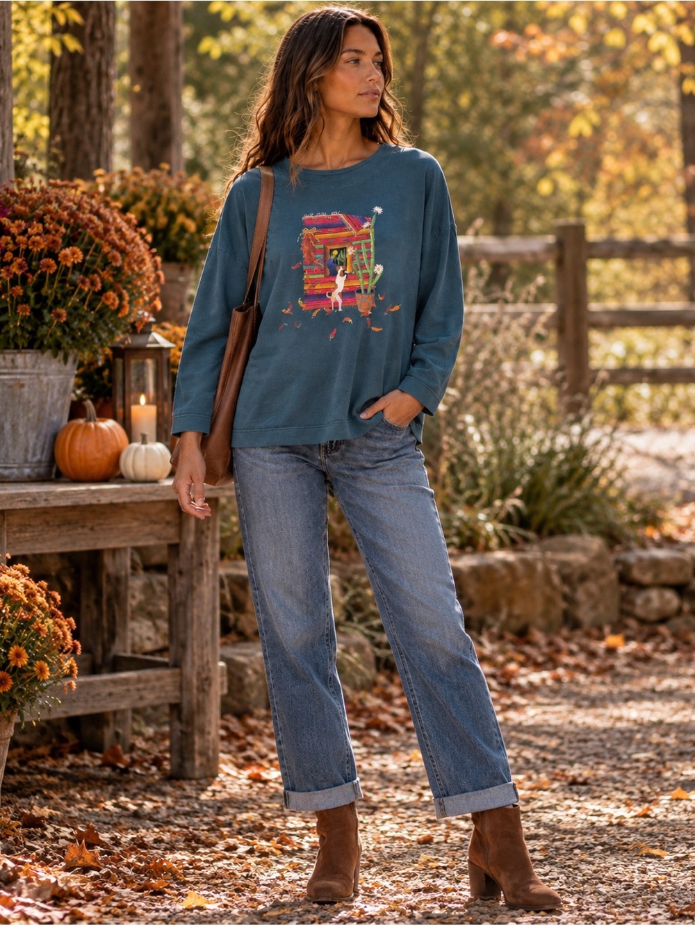 Sabaku Artwear Graphic‎ Top Womens S/M Teal Excellent Southwestern Cactus Dog